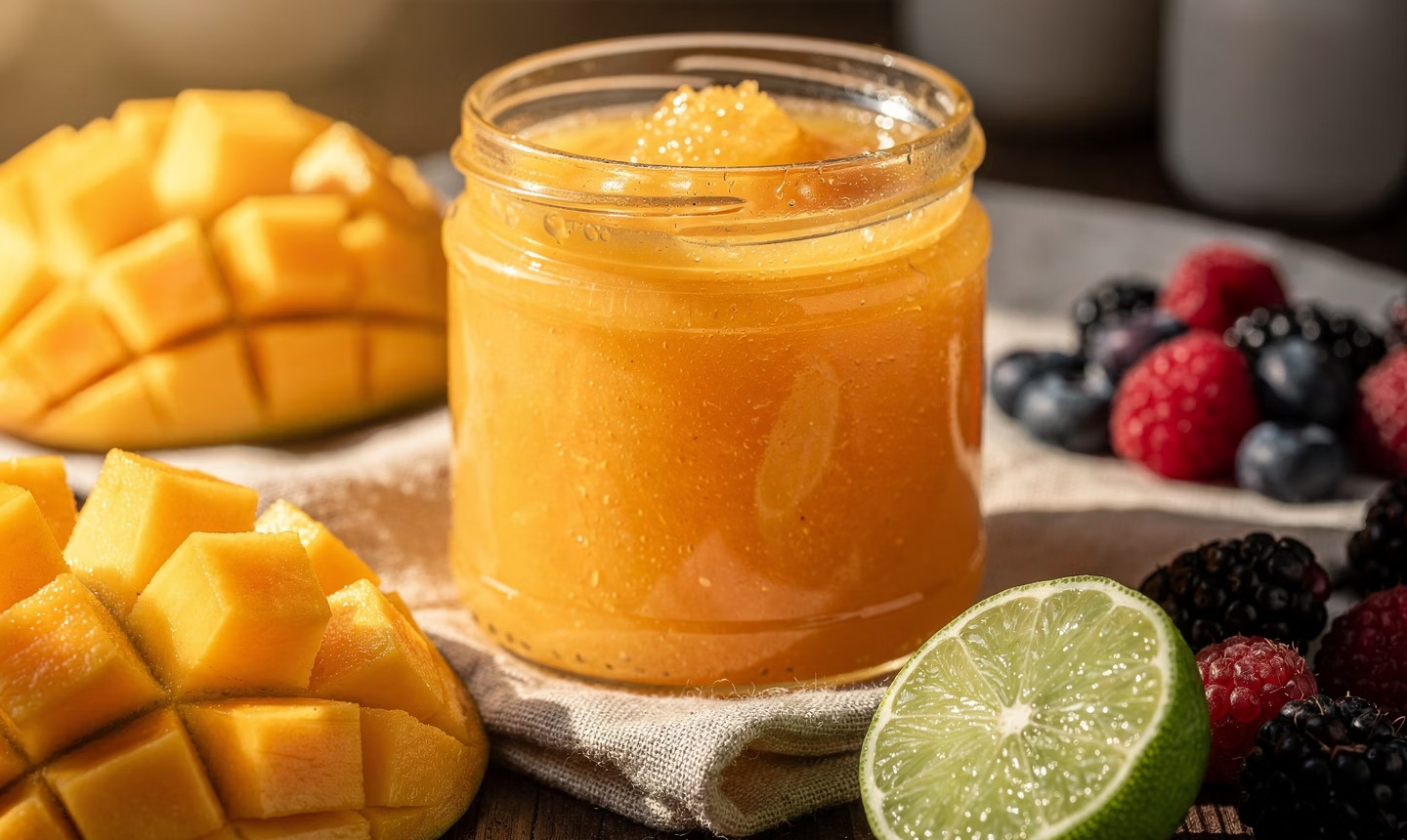 Sea moss gel jar with fresh berries and mango